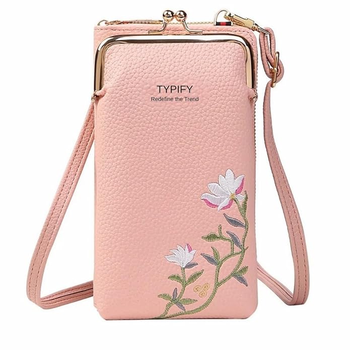 TYPIFY Women’s Sling Bag – Stylish PU Leather Crossbody Bag with Floral Embroidery | Adjustable Strap | Mobile Pouch for Casual, Travel, Shopping & Party Use | Gift for Her (Pink)
