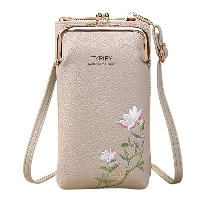 TYPIFY Women’s Sling Bag – Stylish PU Leather Crossbody Bag with Floral Embroidery | Adjustable Strap | Mobile Pouch for Casual, Travel, Shopping & Party Use | Gift for Her
