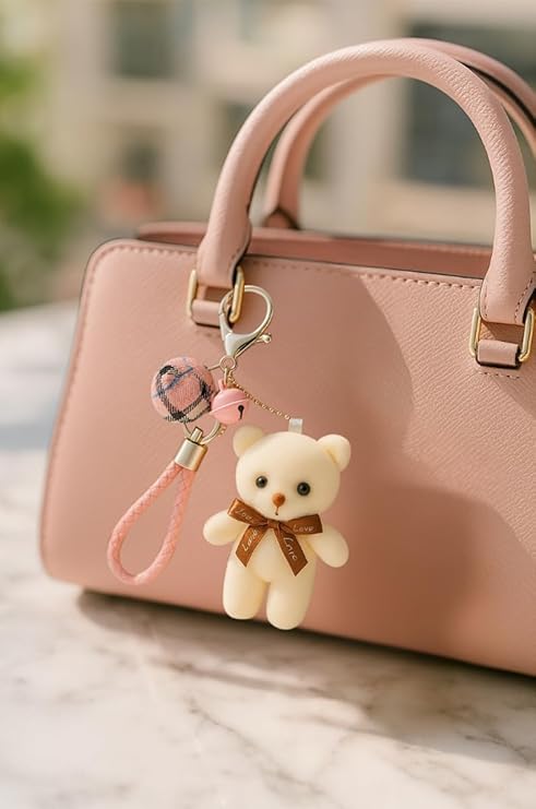 Cute Teddy Bear Keychain for Girls | Soft Plush Toy with Pink Bell & Braided Loop | Bag & Car Hanging Charm | Stylish Keyring for Gifting – Birthday, Friendship Day