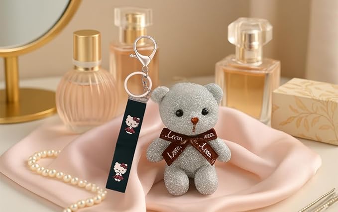 Cute Teddy Bear Keychain for Girls | Soft Plush Toy with Pink Bell & Braided Loop | Bag & Car Hanging Charm | Stylish Keyring for Gifting – Birthday, Friendship Day