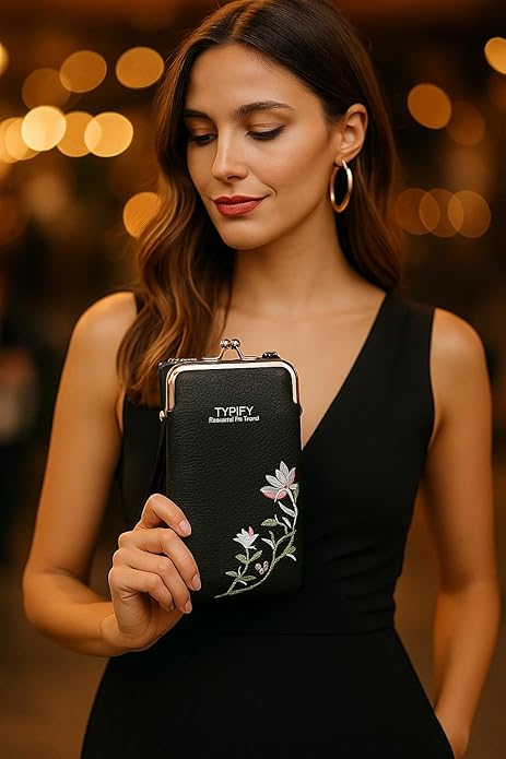 TYPIFY Women’s Sling Bag – Stylish PU Leather Crossbody Bag with Floral Embroidery | Adjustable Strap | Mobile Pouch for Casual, Travel, Shopping & Party Use | Gift for Her (Black)