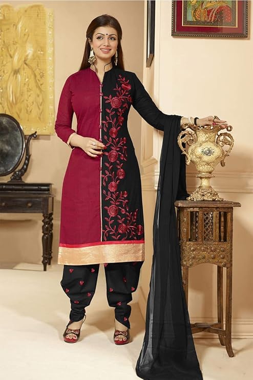 TYPIFY Women’s Semi-Stitched Maroon & Black Embroidered Salwar Suit with Dupatta | Bridal Suit & Marriage Dress Material for Women | Heavy Work Cotton Blend Festival Wear