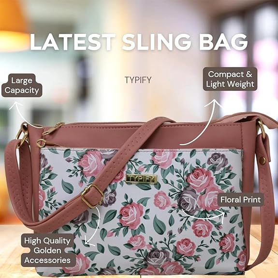 TYPIFY Stylish Women's Sling Bag With Vibrant Floral Print - Trendy Crossbody Purse For Everyday Elegance And Functionality, Pink