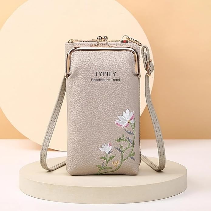 TYPIFY Women’s Sling Bag – Stylish PU Leather Crossbody Bag with Floral Embroidery | Adjustable Strap | Mobile Pouch for Casual, Travel, Shopping & Party Use | Gift for Her
