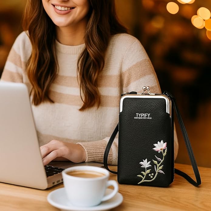 TYPIFY Women’s Sling Bag – Stylish PU Leather Crossbody Bag with Floral Embroidery | Adjustable Strap | Mobile Pouch for Casual, Travel, Shopping & Party Use | Gift for Her (Black)