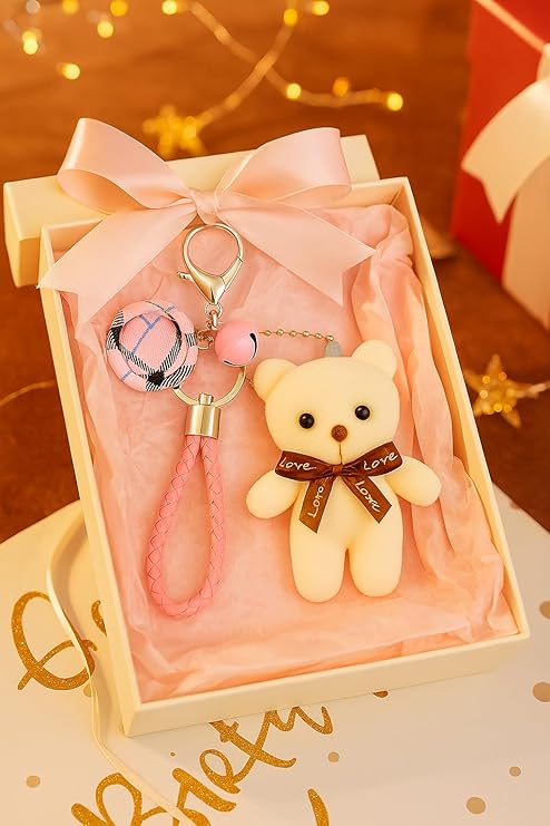 Cute Teddy Bear Keychain for Girls | Soft Plush Toy with Pink Bell & Braided Loop | Bag & Car Hanging Charm | Stylish Keyring for Gifting – Birthday, Friendship Day