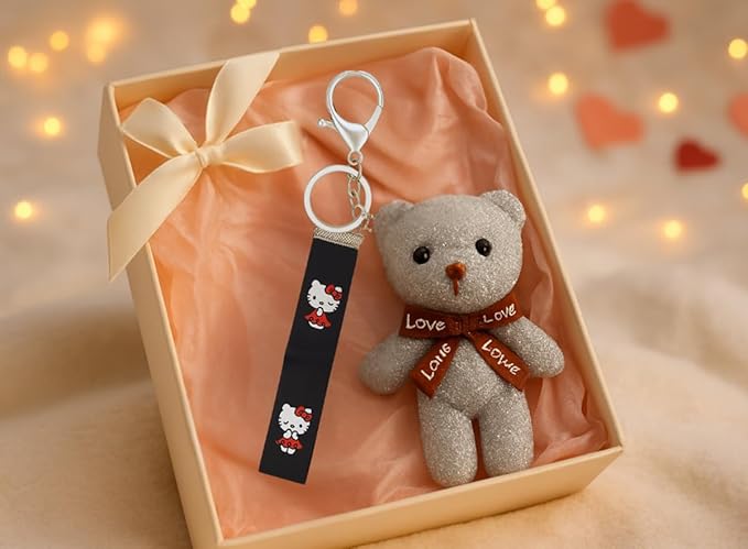 Cute Teddy Bear Keychain for Girls | Soft Plush Toy with Pink Bell & Braided Loop | Bag & Car Hanging Charm | Stylish Keyring for Gifting – Birthday, Friendship Day