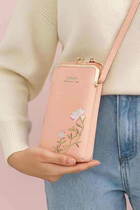 TYPIFY Women’s Sling Bag – Stylish PU Leather Crossbody Bag with Floral Embroidery | Adjustable Strap | Mobile Pouch for Casual, Travel, Shopping & Party Use | Gift for Her (Pink)