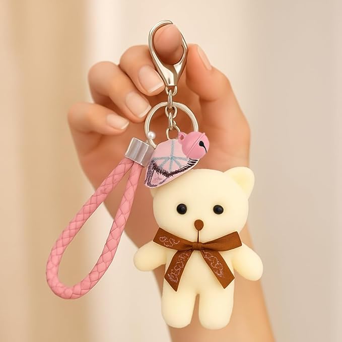Cute Teddy Bear Keychain for Girls | Soft Plush Toy with Pink Bell & Braided Loop | Bag & Car Hanging Charm | Stylish Keyring for Gifting – Birthday, Friendship Day