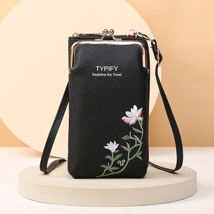 TYPIFY Women’s Sling Bag – Stylish PU Leather Crossbody Bag with Floral Embroidery | Adjustable Strap | Mobile Pouch for Casual, Travel, Shopping & Party Use | Gift for Her (Black)