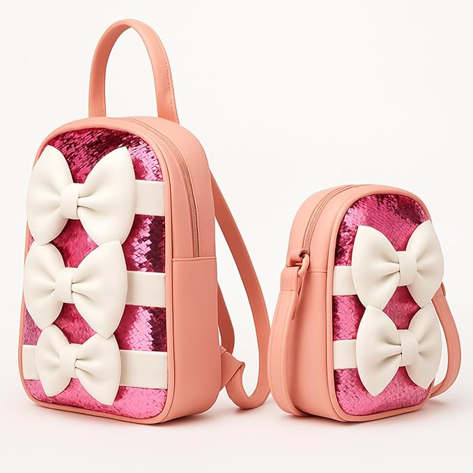 TYPIFY Bow Design Stylish Backpack & Matching Crossbody Sling Bag Combo Set for Women, Pink Sequin Striped Pattern, 2 Pieces | Travel, Casual & College Bag for Girls | Gift for Her