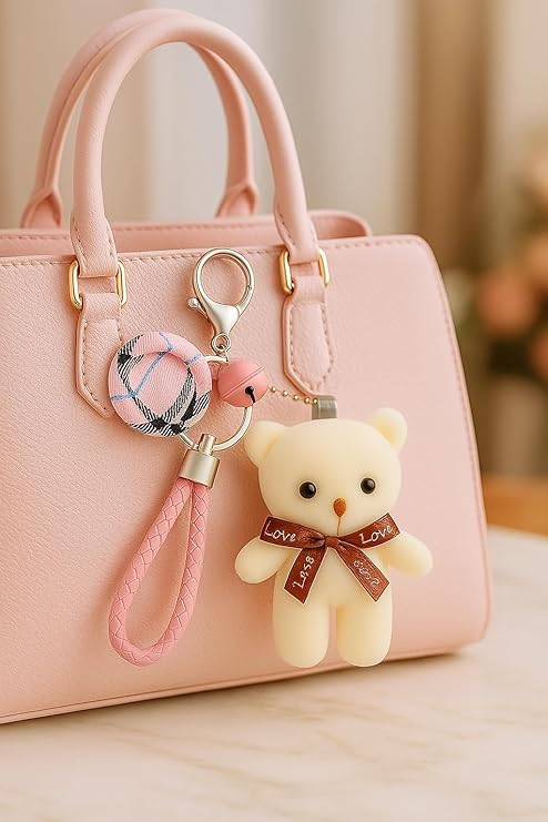 Cute Teddy Bear Keychain for Girls | Soft Plush Toy with Pink Bell & Braided Loop | Bag & Car Hanging Charm | Stylish Keyring for Gifting – Birthday, Friendship Day