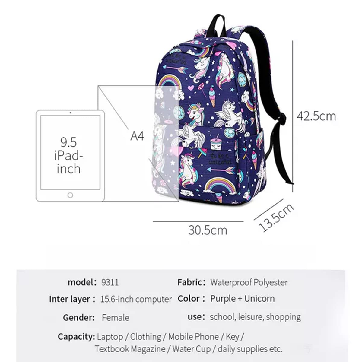 TYPIFY® Polyester Unicorn Printed Waterproof Preppy Style Girls Women Backpack