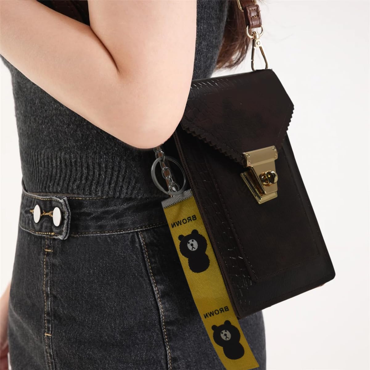 Crocodile Pattern PU Mobile Phone pouch, Cross-body Sling Messenger Bag, Girls Shoulder Travel Shopping Bags, with Bear Charm Keychain, Gift for Her
