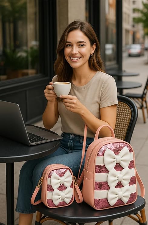 TYPIFY Bow Design Stylish Backpack & Matching Crossbody Sling Bag Combo Set for Women, Pink Sequin Striped Pattern, 2 Pieces | Travel, Casual & College Bag for Girls | Gift for Her