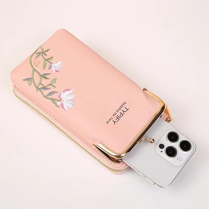 TYPIFY Women’s Sling Bag – Stylish PU Leather Crossbody Bag with Floral Embroidery | Adjustable Strap | Mobile Pouch for Casual, Travel, Shopping & Party Use | Gift for Her (Pink)