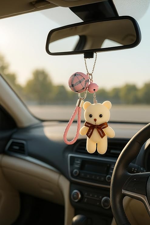 Cute Teddy Bear Keychain for Girls | Soft Plush Toy with Pink Bell & Braided Loop | Bag & Car Hanging Charm | Stylish Keyring for Gifting – Birthday, Friendship Day