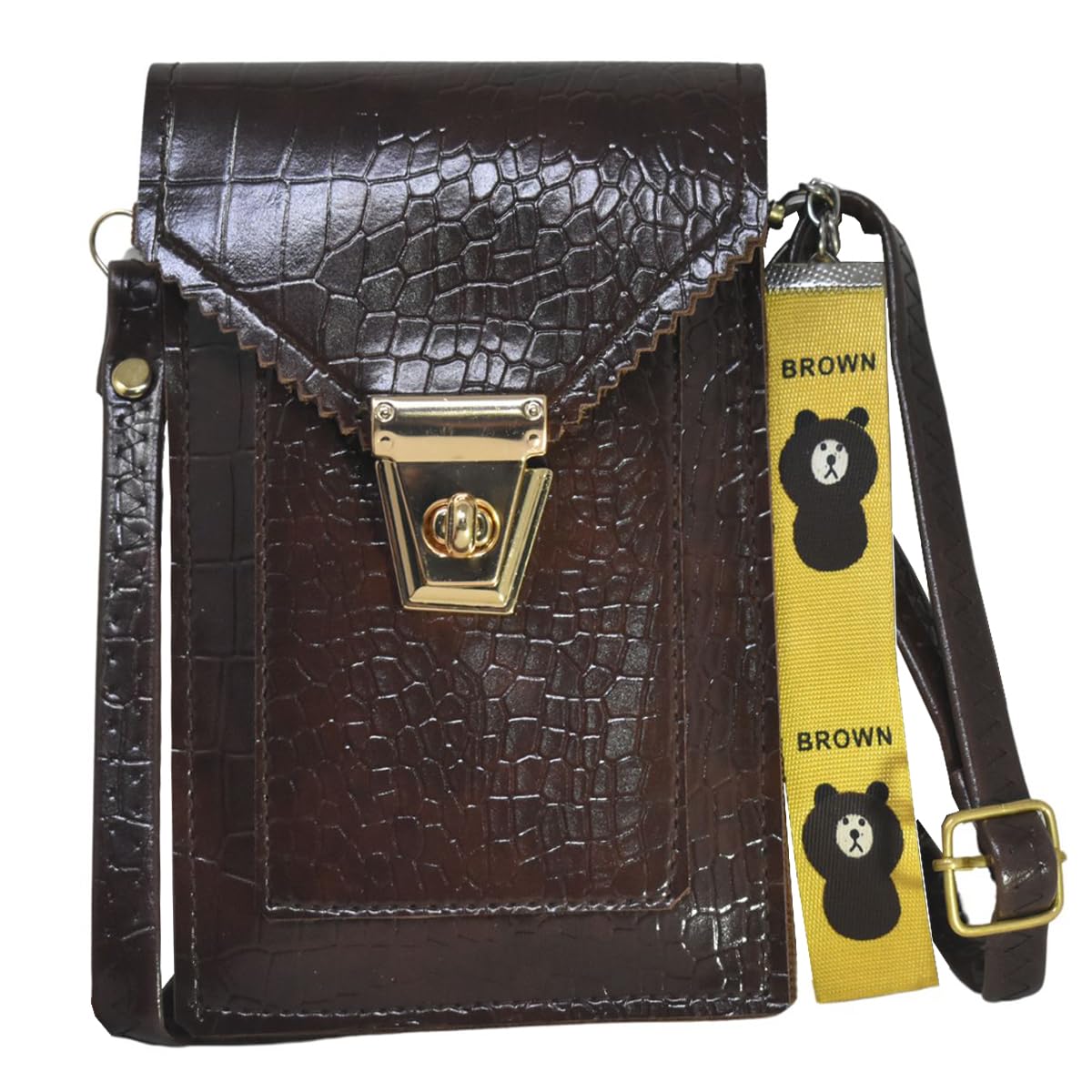 Crocodile Pattern PU Mobile Phone pouch, Cross-body Sling Messenger Bag, Girls Shoulder Travel Shopping Bags, with Bear Charm Keychain, Gift for Her
