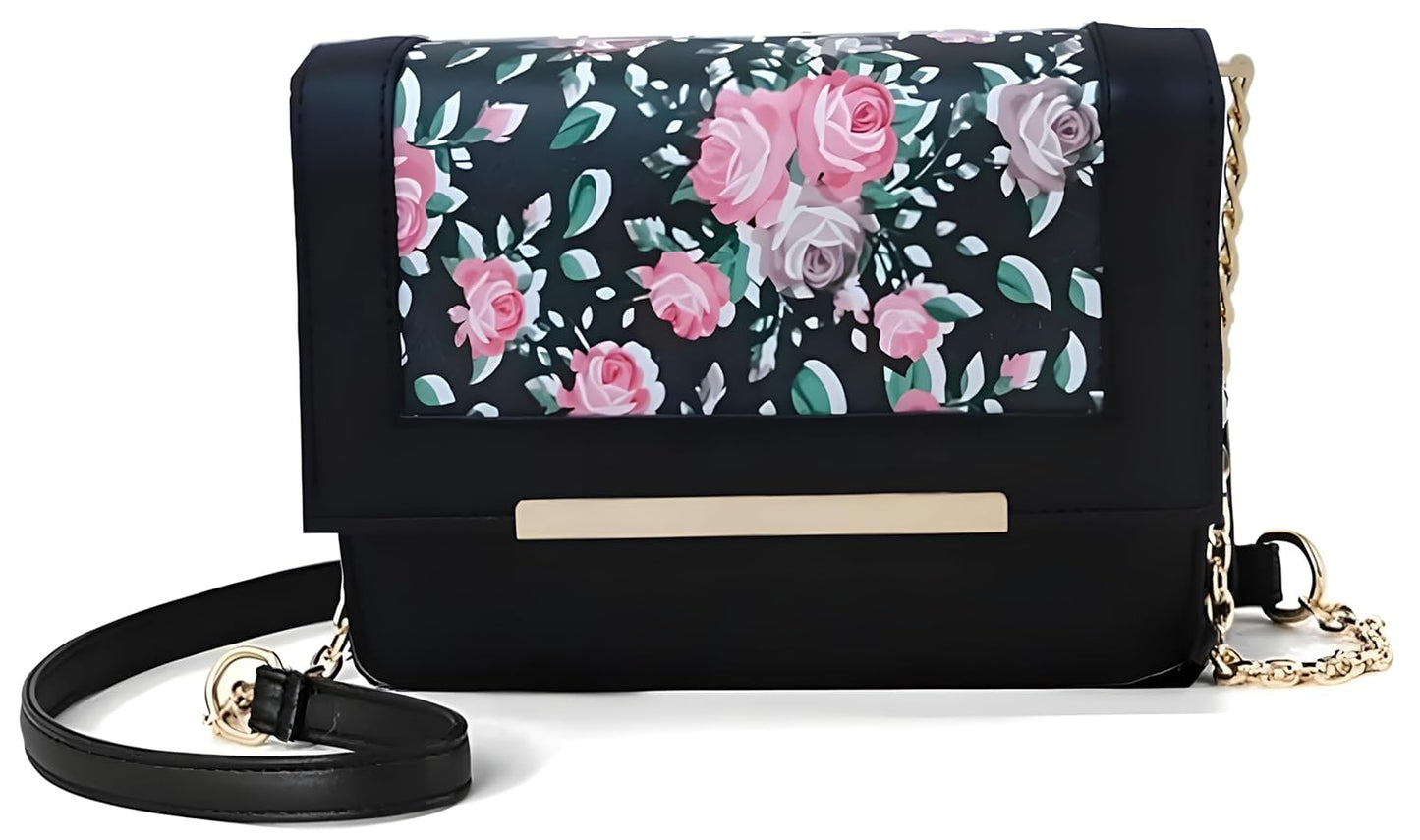 TYPIFY Chic Women's Floral Print Sling Messenger Bag-Stylish Girl's Crossbody Purse For Everyday Elegance, Black