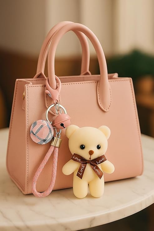 Cute Teddy Bear Keychain for Girls | Soft Plush Toy with Pink Bell & Braided Loop | Bag & Car Hanging Charm | Stylish Keyring for Gifting – Birthday, Friendship Day