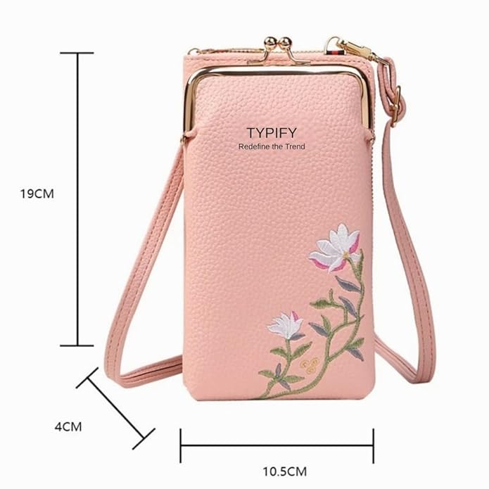 TYPIFY Women’s Sling Bag – Stylish PU Leather Crossbody Bag with Floral Embroidery | Adjustable Strap | Mobile Pouch for Casual, Travel, Shopping & Party Use | Gift for Her (Pink)