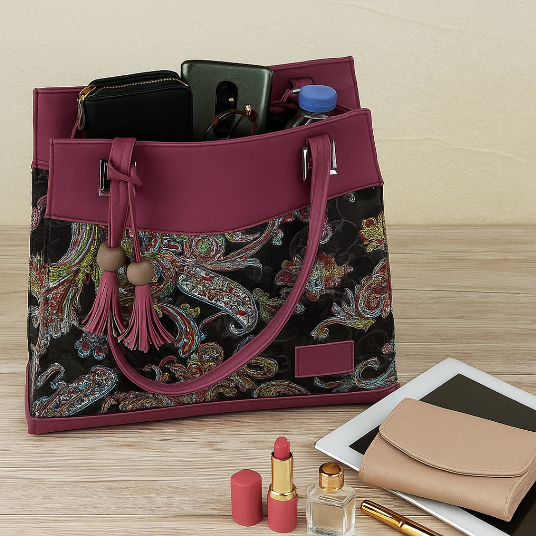 Women's Stylish Faux Leather & Paisley Fabric Shoulder Handbag with Tassel | Trendy Office, Casual, Travel Tote Bag for Ladies & Girls – Burgundy & Multicolor | Gift for her