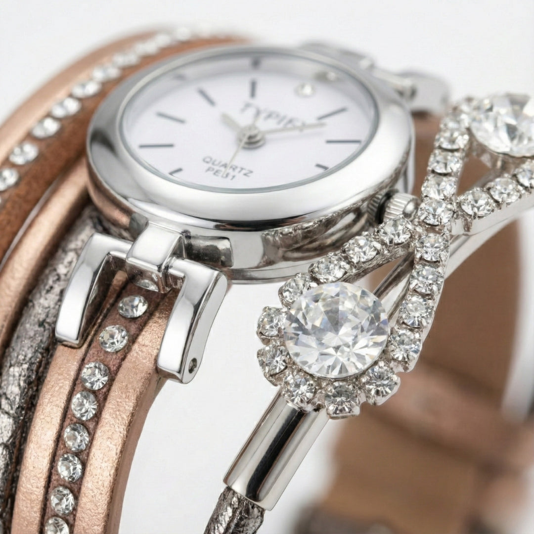 TYPIFY Brown & Rose Gold Bracelet Watch for Women | Imported Analog Quartz Watch with Multi-Layer PU Leather Strap & Crystal Bracelet Design