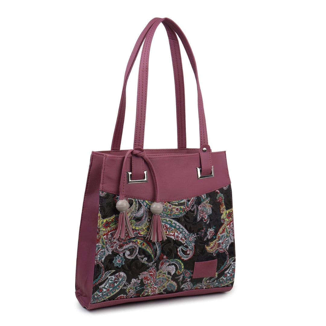 Women's Stylish Faux Leather & Paisley Fabric Shoulder Handbag with Tassel | Trendy Office, Casual, Travel Tote Bag for Ladies & Girls – Burgundy & Multicolor | Gift for her