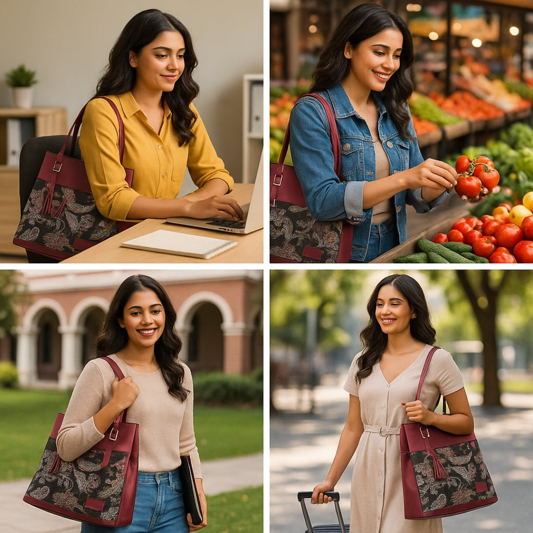 Women's Stylish Faux Leather & Paisley Fabric Shoulder Handbag with Tassel | Trendy Office, Casual, Travel Tote Bag for Ladies & Girls – Burgundy & Multicolor | Gift for her