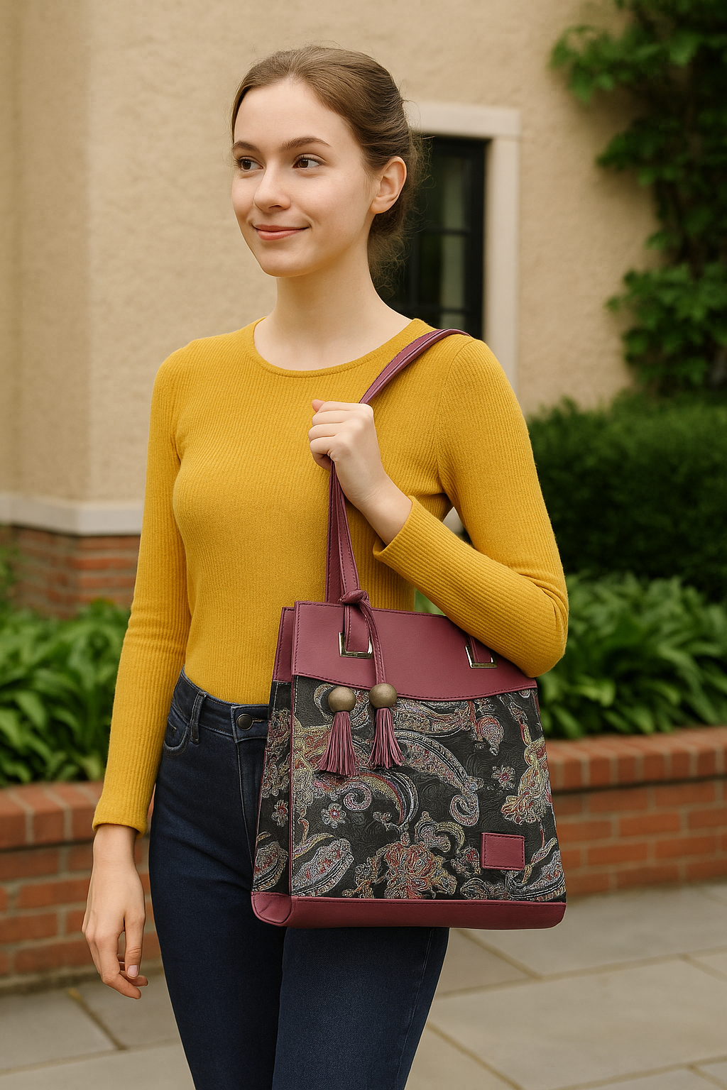 Women's Stylish Faux Leather & Paisley Fabric Shoulder Handbag with Tassel | Trendy Office, Casual, Travel Tote Bag for Ladies & Girls – Burgundy & Multicolor | Gift for her