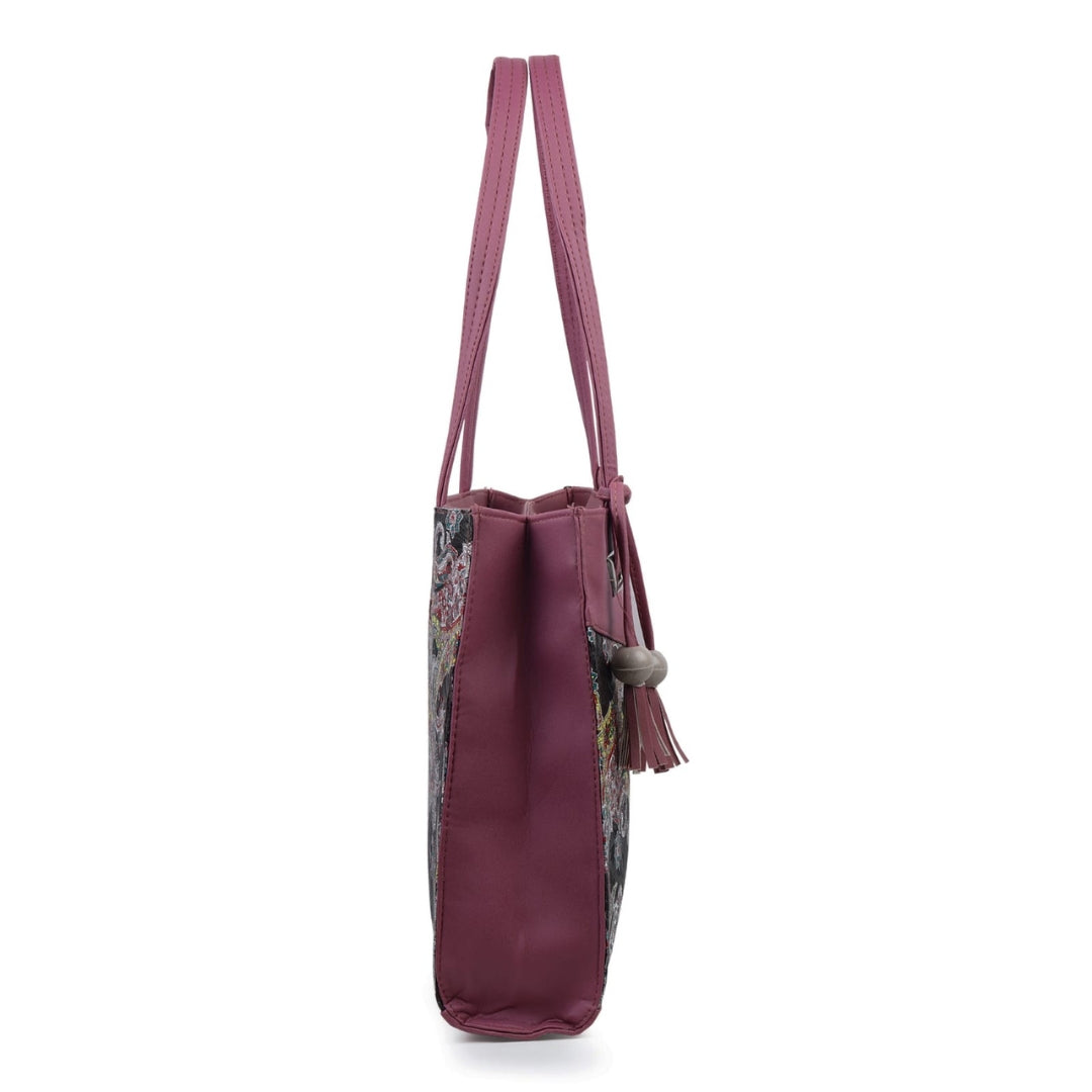 Women's Stylish Faux Leather & Paisley Fabric Shoulder Handbag with Tassel | Trendy Office, Casual, Travel Tote Bag for Ladies & Girls – Burgundy & Multicolor | Gift for her