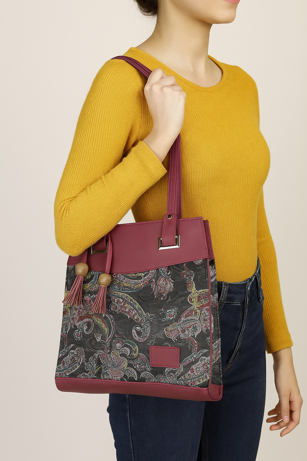 Women's Stylish Faux Leather & Paisley Fabric Shoulder Handbag with Tassel | Trendy Office, Casual, Travel Tote Bag for Ladies & Girls – Burgundy & Multicolor | Gift for her