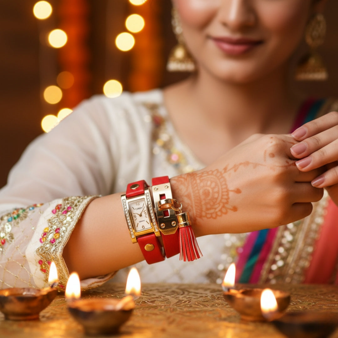 TYPIFY Red Bracelet Watch for Women | Premium Imported Analog Quartz Wristwatch with Gold Dial & Tassel Charm | Stylish Leather Strap Fashion Watch | Perfect Gift for Her