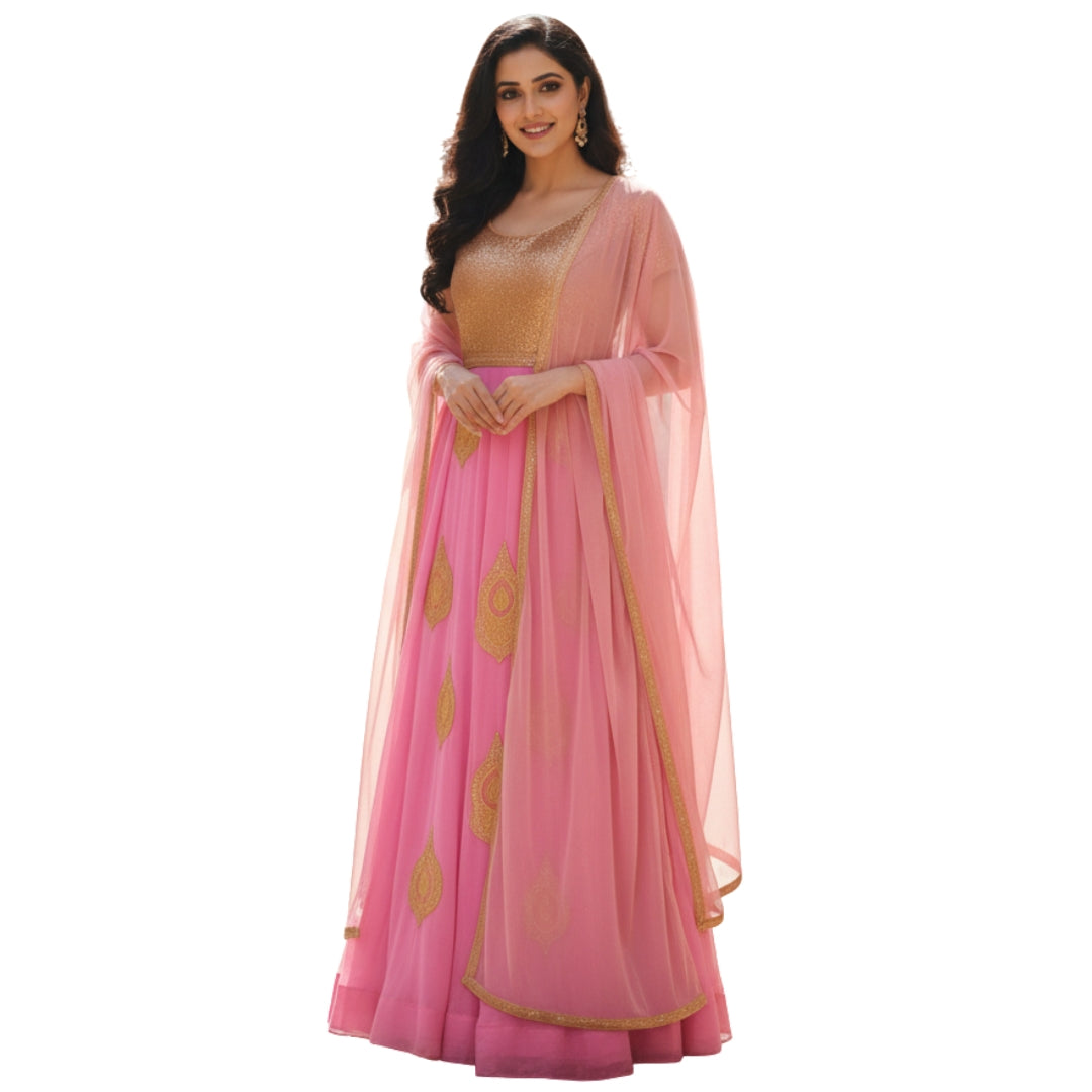 Typify Pink & Gold Semi-Stitched Georgette Anarkali Suit with Dupatta – Designer Party & Wedding Wear