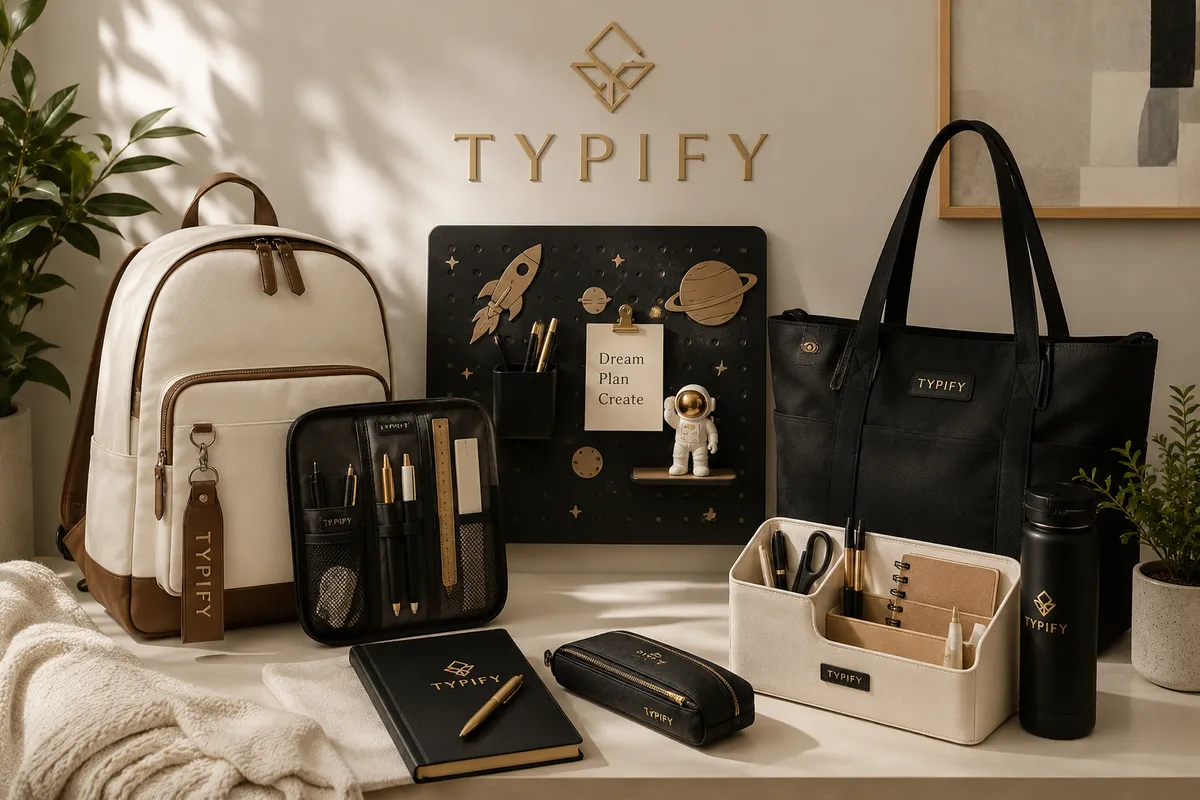TYPIFY backpack, pouches, organizer and accessories displayed on a shelf