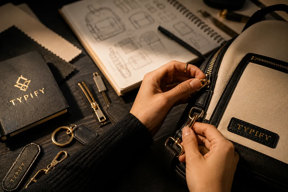 Hands attaching gold hardware to a TYPIFY backpack beside design sketches