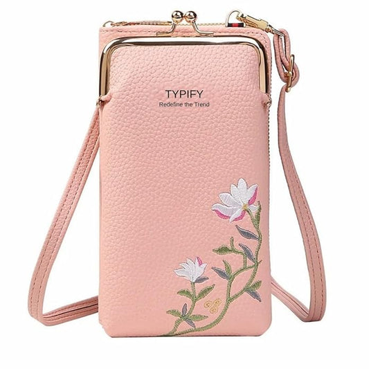 TYPIFY Women’s Sling Bag – Stylish PU Leather Crossbody Bag with Floral Embroidery | Adjustable Strap | Mobile Pouch for Casual, Travel, Shopping & Party Use | Gift for Her (Pink)