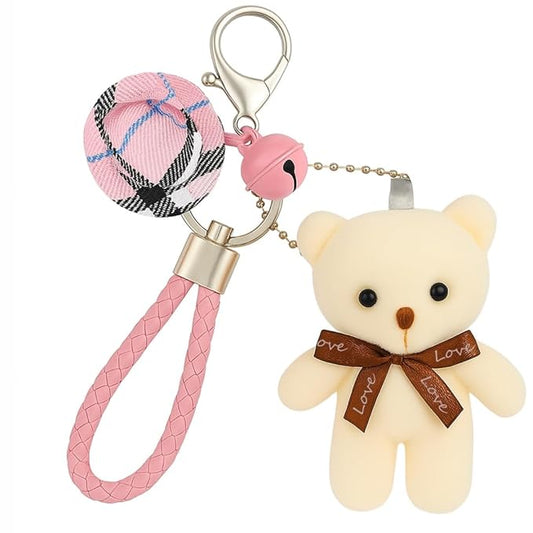 Cute Teddy Bear Keychain for Girls | Soft Plush Toy with Pink Bell & Braided Loop | Bag & Car Hanging Charm | Stylish Keyring for Gifting – Birthday, Friendship Day