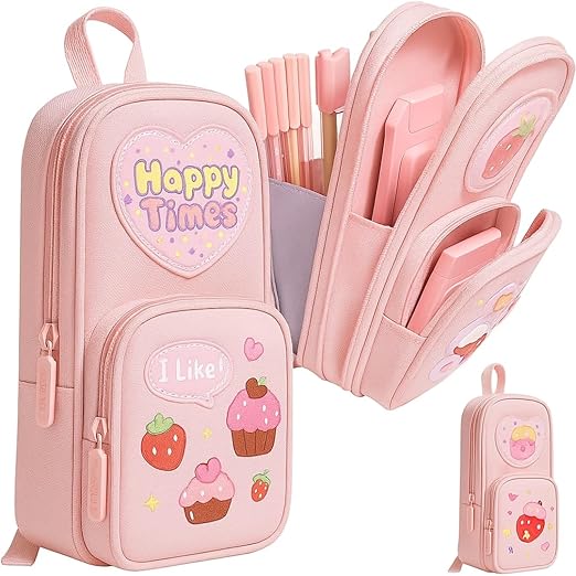 TYPIFY Cute Triple Layer Pencil Pouch for Girls | Large Capacity Unicorn Style Stationery Case | Zipper School Pouch for Kids & Teens | Multi-Compartment Organizer | Gift for Kids (Pink)