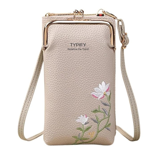 TYPIFY Women’s Sling Bag – Stylish PU Leather Crossbody Bag with Floral Embroidery | Adjustable Strap | Mobile Pouch for Casual, Travel, Shopping & Party Use | Gift for Her