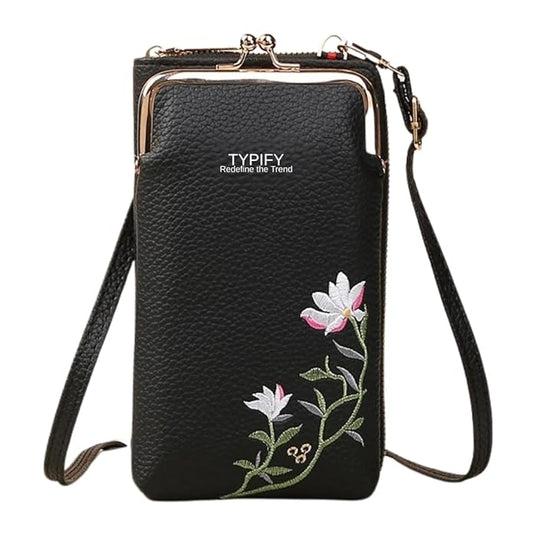 TYPIFY Women’s Sling Bag – Stylish PU Leather Crossbody Bag with Floral Embroidery | Adjustable Strap | Mobile Pouch for Casual, Travel, Shopping & Party Use | Gift for Her (Black)