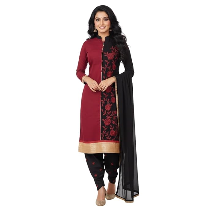 TYPIFY Women’s Semi-Stitched Maroon & Black Embroidered Salwar Suit with Dupatta | Bridal Suit & Marriage Dress Material for Women | Heavy Work Cotton Blend Festival Wear