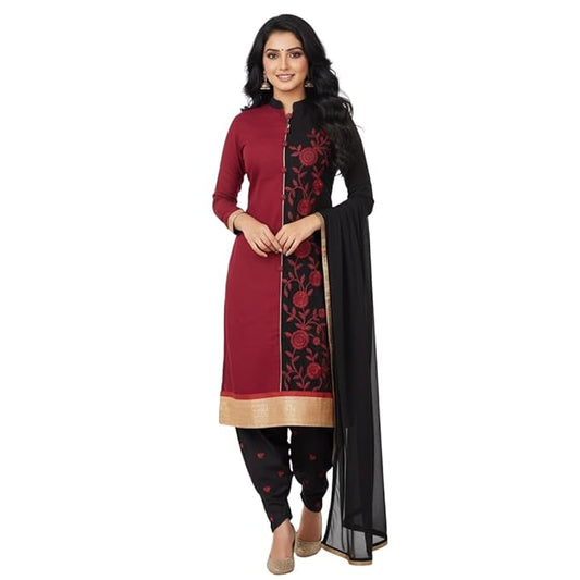 TYPIFY Women’s Semi-Stitched Maroon & Black Embroidered Salwar Suit with Dupatta | Bridal Suit & Marriage Dress Material for Women | Heavy Work Cotton Blend Festival Wear