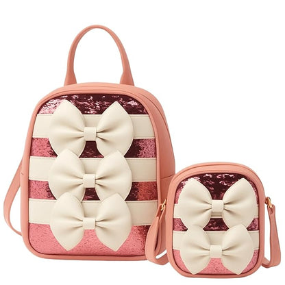 TYPIFY Bow Design Stylish Backpack & Matching Crossbody Sling Bag Combo Set for Women, Pink Sequin Striped Pattern, 2 Pieces | Travel, Casual & College Bag for Girls | Gift for Her
