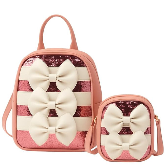TYPIFY Bow Design Stylish Backpack & Matching Crossbody Sling Bag Combo Set for Women, Pink Sequin Striped Pattern, 2 Pieces | Travel, Casual & College Bag for Girls | Gift for Her