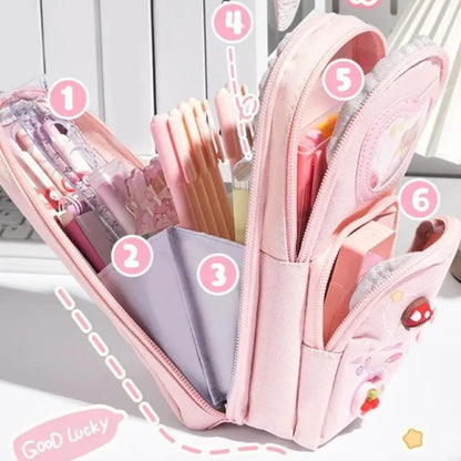 TYPIFY Cute Triple Layer Pencil Pouch for Girls | Large Capacity Unicorn Style Stationery Case | Zipper School Pouch for Kids & Teens | Multi-Compartment Organizer | Gift for Kids (Pink)