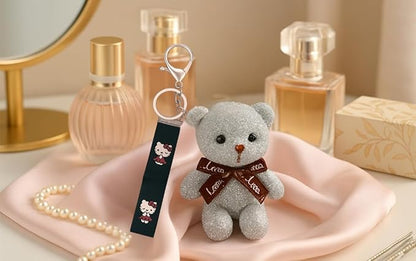 Cute Teddy Bear Keychain for Girls | Soft Plush Toy with Pink Bell & Braided Loop | Bag & Car Hanging Charm | Stylish Keyring for Gifting – Birthday, Friendship Day