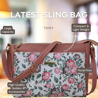 TYPIFY Stylish Women's Sling Bag With Vibrant Floral Print - Trendy Crossbody Purse For Everyday Elegance And Functionality, Pink