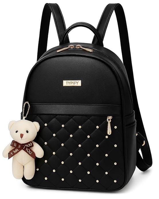 TYPIFY® PU Leather Teddy Keychain Preppy Style Women Backpack Girls College Bag