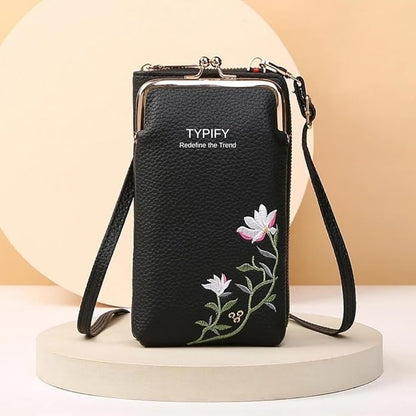 TYPIFY Women’s Sling Bag – Stylish PU Leather Crossbody Bag with Floral Embroidery | Adjustable Strap | Mobile Pouch for Casual, Travel, Shopping & Party Use | Gift for Her (Black)